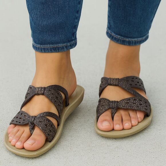 Double Bow Brown Sandals Slides Slip On 9 Flats Cottagecore Festival Girlhoodcor - Picture 1 of 8